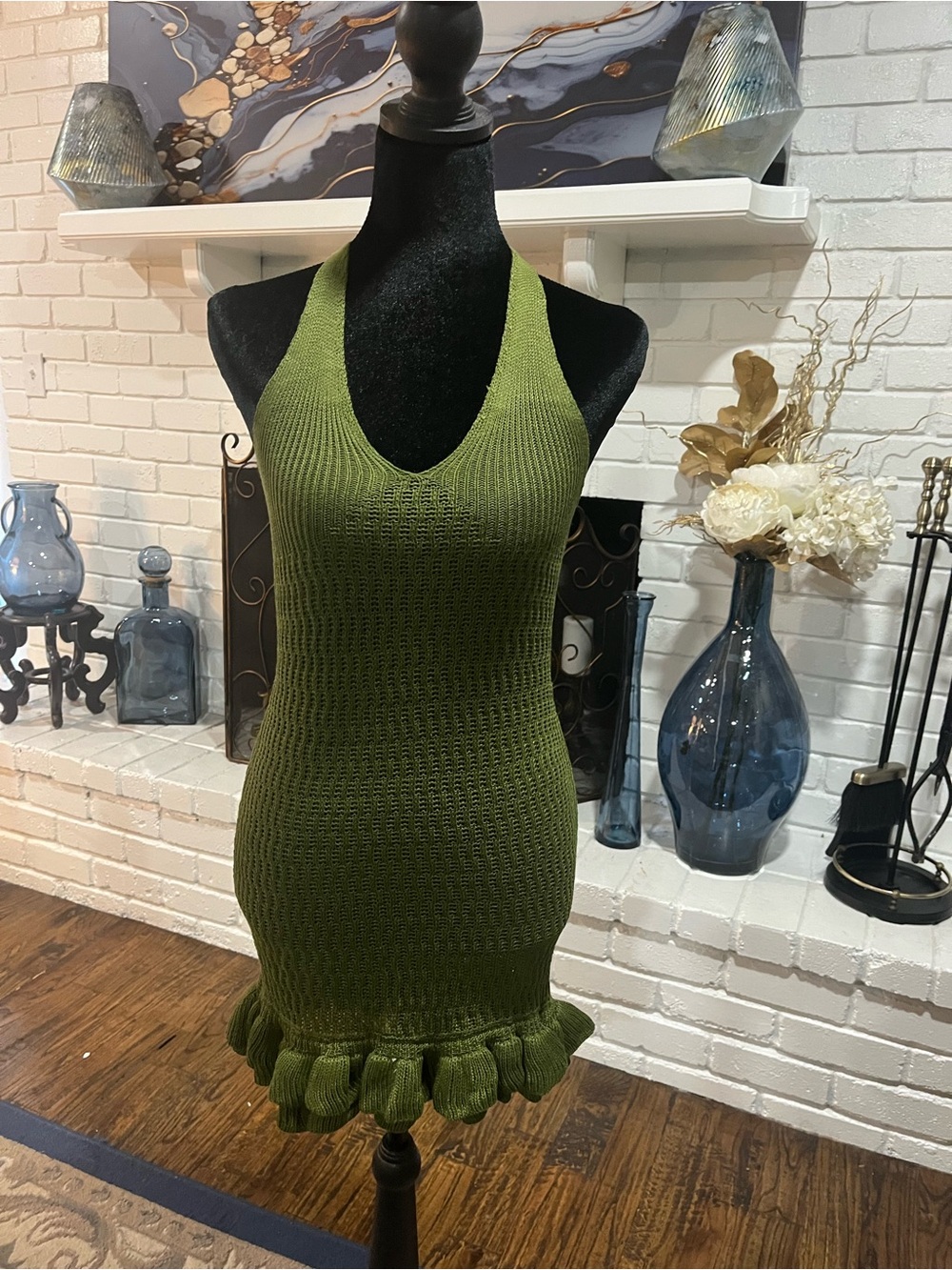 SHEIN Olive Green Knit Halter Mini Dress with Ruffle Hem